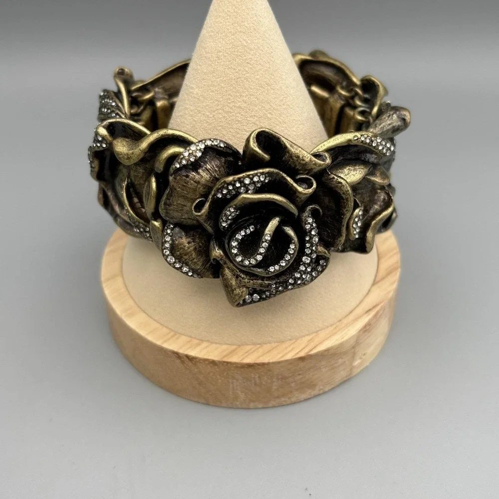 Vintage Rose Statement Bracelet Bronze Crystals Romantic HEAVY
